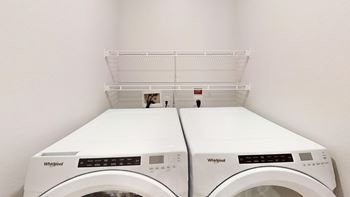 Inunit washer and dryer with upper wire shelving